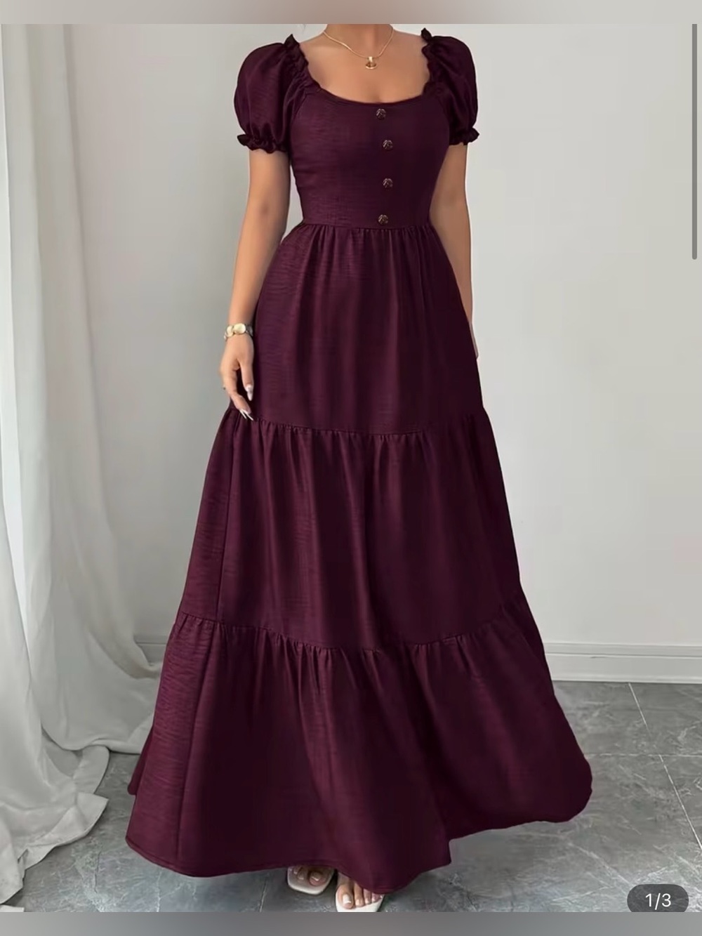 Elegant Puff-Sleeve Tiered Maxi Dress in Deep Plum